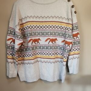Talbots Cream Crewneck Sweater with Orange Fox Motif and Mustard Stripes